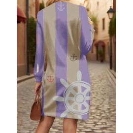Plus Size Women'S Oversized Nautical 3D All-Over Print Sweatshirt - Winter Warm Crew Neck Long Sleeve Pullover with Anchor & Ship Wheel Design, Soft Fleece Fabric, Machine Washable, Casual Cozy Sweater for Home & Outdoors, Maritime-Themed Sweater fo