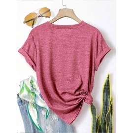 5pcs Plus Size Women'S Tops | Courage Heartbeat Just Breathe Pattern Print, Literary Style, Casual Versatile Round Neck, Comfortable Breathable, Oversized Loose Fit, 1XL-5XL Size