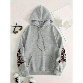 {Holiday Special- Halloween} Plus Size Comfortable Bat Letter Halloween Print Hoodie- Soft Casual Long Sleeve, Comfortable Women's Plus Size Daily Wear Clothing